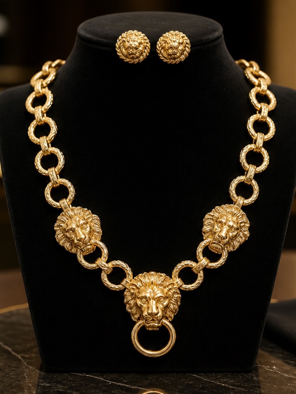 Kenneth Jay Lane Gold Lion Head Link Necklace with Matching Lion Studs